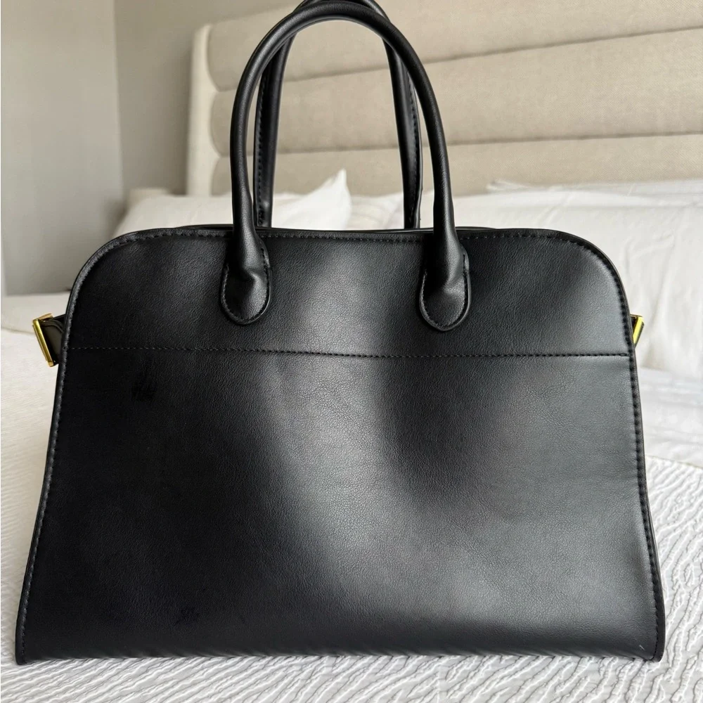 The Row Margaux Inspired Black Leather Drawstring Pouch with Gold Accents - Picture 12 of 14